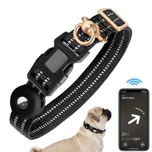 For AirTag Tracker Silicone Sleeve Medium Dog Collar Nylon Reflective Anti-Tangle Pet Collar, M, L