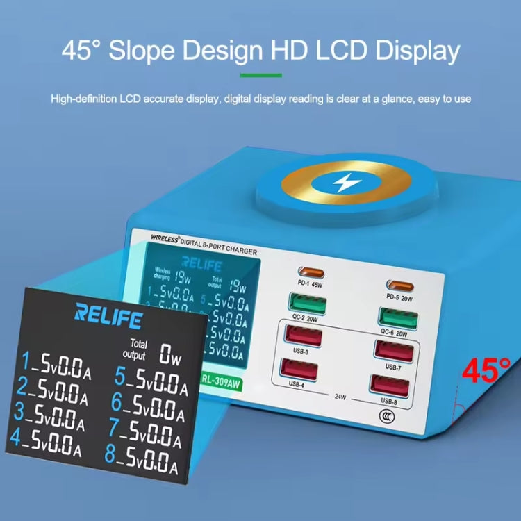 RELIFE RL-309AW  QC3.0 PD Fast Wireless Charger With LCD Display 8 Ports, RL-309AW  US Plug, RL-309AW  EU Plug