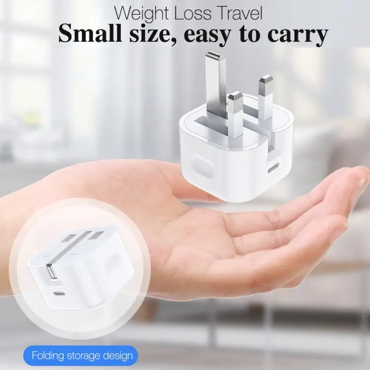 A2344 20W PD 3.0 Type-C / USB-C Folding Travel Charger + USB-C / Type-C to 8 Pin Fast Charging Data Cable Set UK Plug