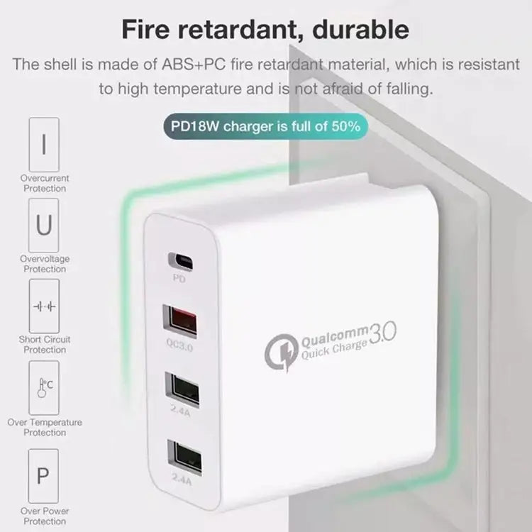 A3 PD 18W USB-C / Type-C + QC3.0 USB + Dual USB Interface Travel Charger US Plug EU Plug UK Plug - Apple Accessories