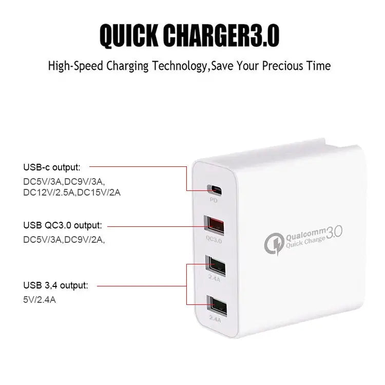 A3 PD 18W USB-C / Type-C + QC3.0 USB + Dual USB Interface Travel Charger US Plug EU Plug UK Plug - Apple Accessories