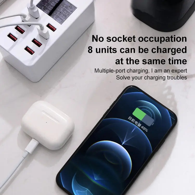 A8 50W 8 Ports USB + QC3.0 Smart Charging Station with Digital Display AC100-240V EU Plug - A8 EU Plug
