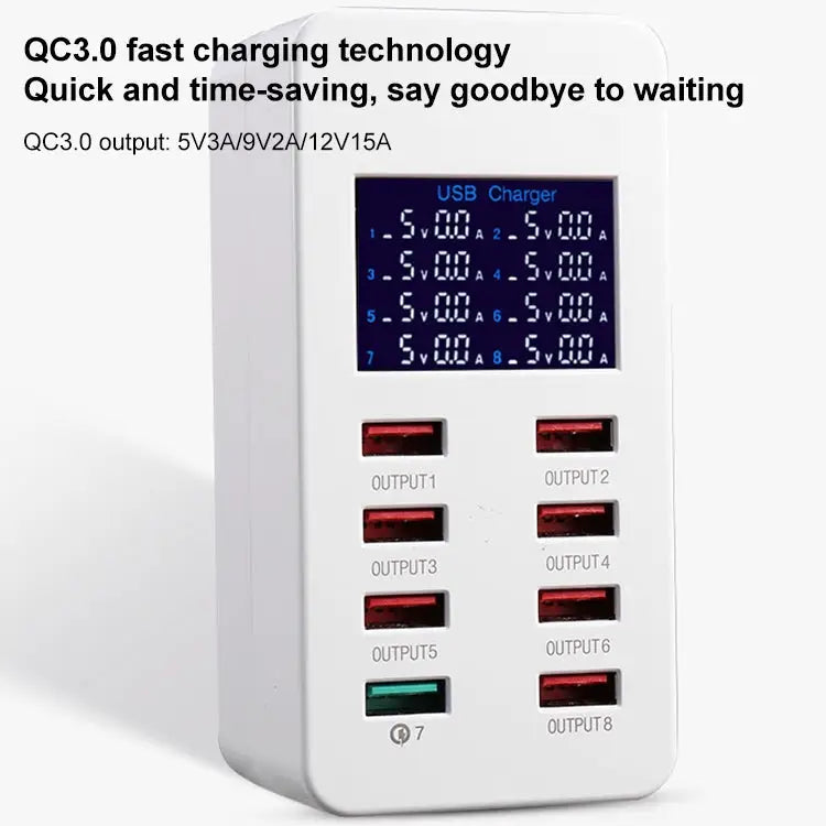 A8 50W 8 Ports USB + QC3.0 Smart Charging Station with Digital Display AC100-240V EU Plug - A8 EU Plug