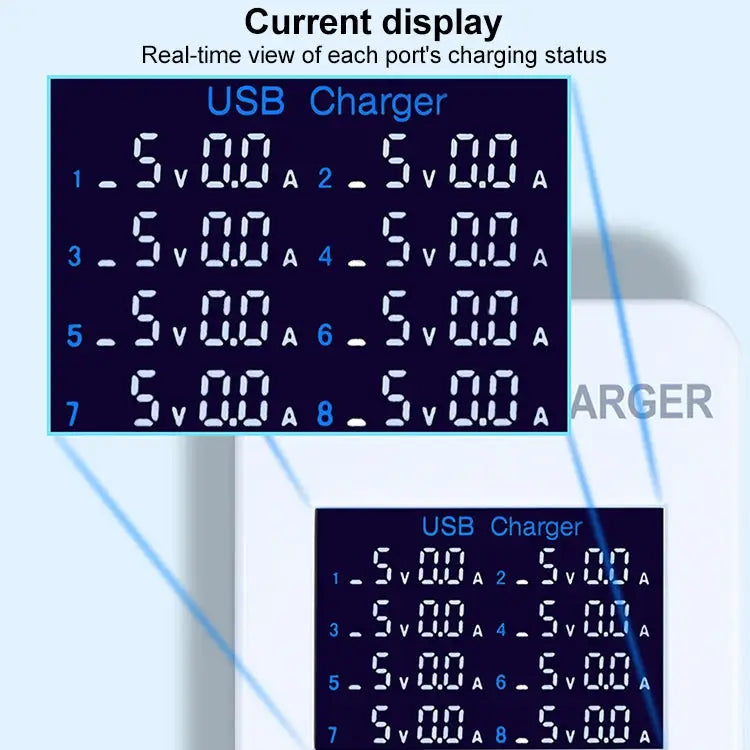 A8 50W 8 Ports USB + QC3.0 Smart Charging Station with Digital Display AC100-240V UK Plug - A8 UK Plug