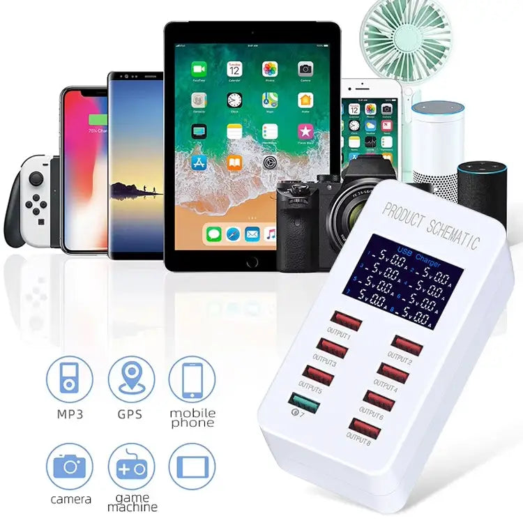 A8 50W 8 Ports USB + QC3.0 Smart Charging Station with Digital Display AC100-240V EU Plug - A8 EU Plug