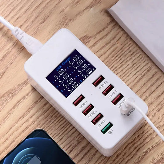 A8 50W 8 Ports USB + QC3.0 Smart Charging Station with Digital Display AC100-240V UK Plug - A8 UK Plug