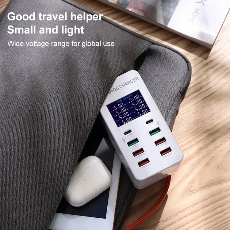 A8T 60W 8 Ports USB + QC3.0 + PD Type-C Smart Charging Station with Digital Display AC100-240V EU Plug - A8T EU Plug