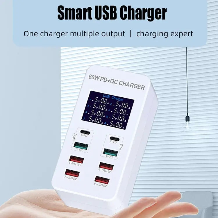 A8T 60W 8 Ports USB + QC3.0 + PD Type-C Smart Charging Station with Digital Display AC100-240V EU Plug - A8T EU Plug