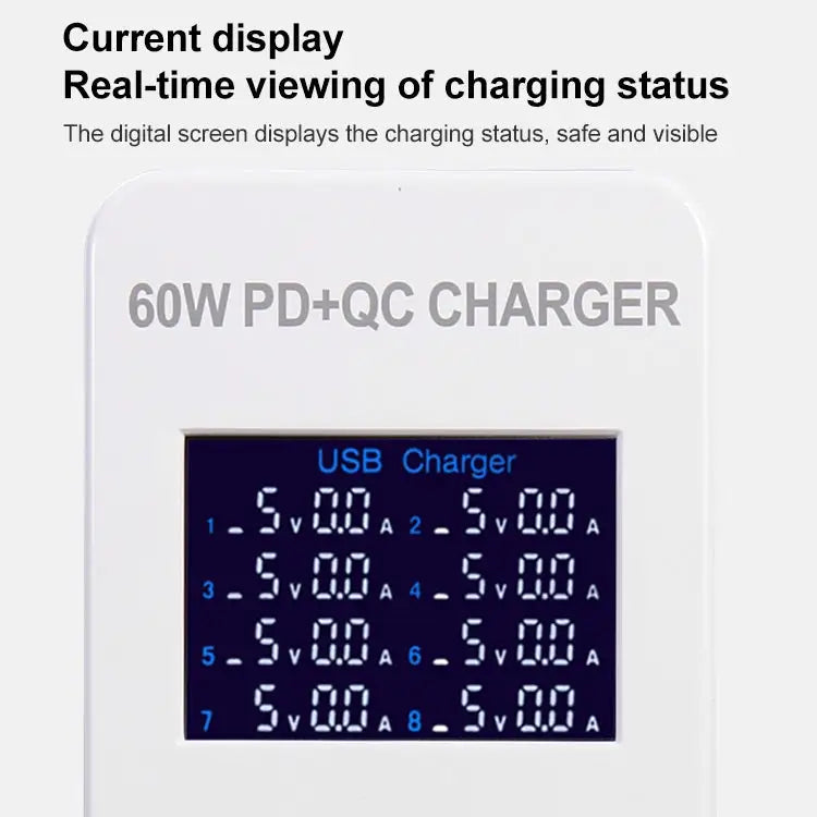 A8T 60W 8 Ports USB + QC3.0 + PD Type-C Smart Charging Station with Digital Display AC100-240V EU Plug - A8T EU Plug