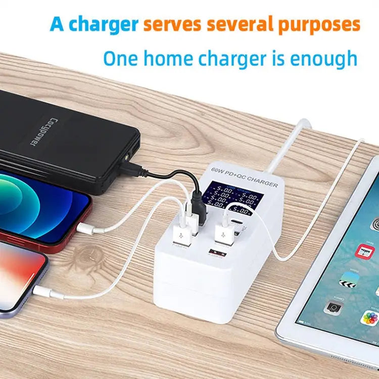 A8T 60W 8 Ports USB + QC3.0 + PD Type-C Smart Charging Station with Digital Display AC100-240V EU Plug - A8T EU Plug