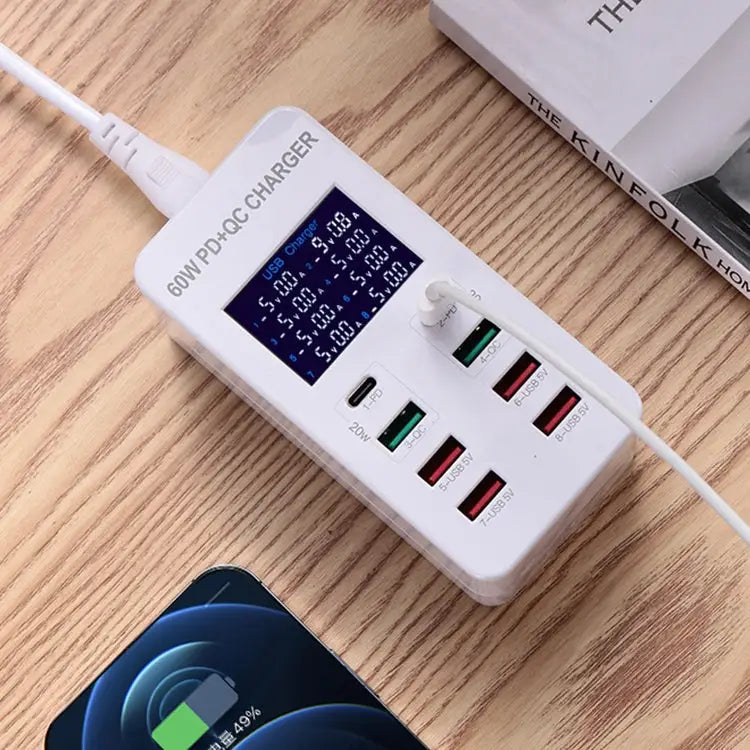 A8T 60W 8 Ports USB + QC3.0 + PD Type-C Smart Charging Station with Digital Display AC100-240V EU Plug - A8T EU Plug