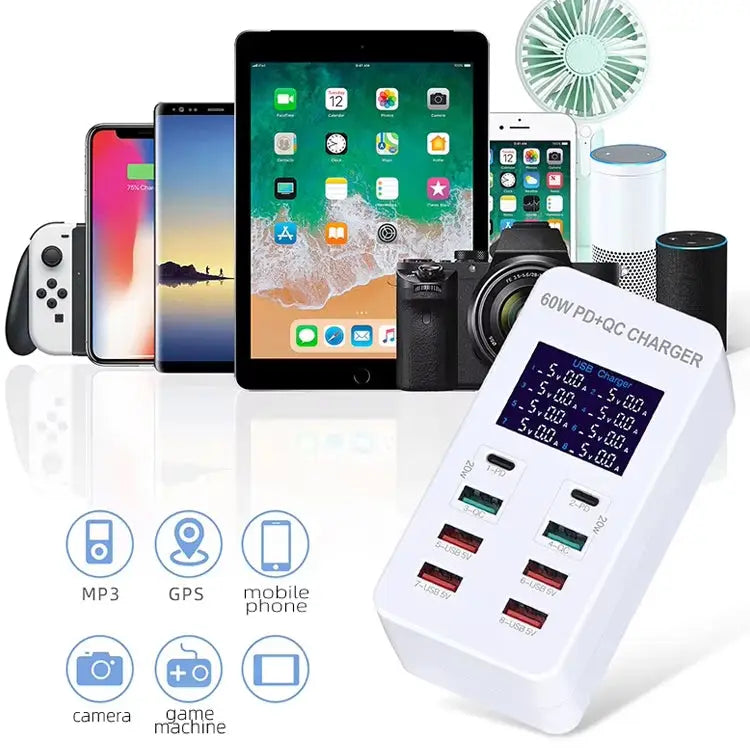 A8T 60W 8 Ports USB + QC3.0 + PD Type-C Smart Charging Station with Digital Display AC100-240V EU Plug - A8T EU Plug