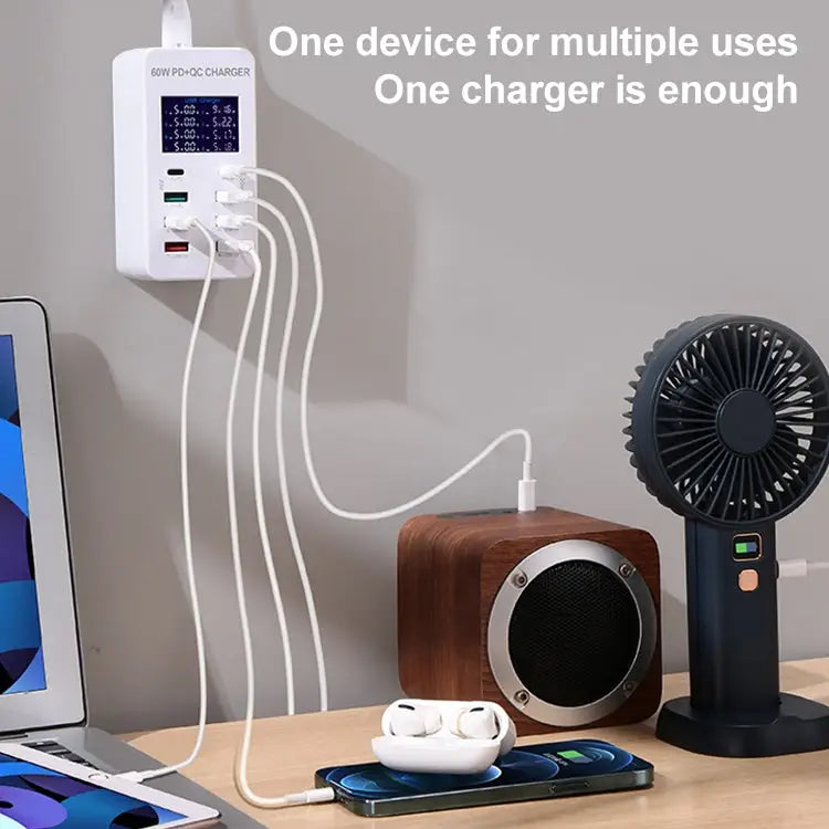 A8T 60W 8 Ports USB + QC3.0 + PD Type-C Smart Charging Station with Digital Display AC100-240V EU Plug - A8T EU Plug