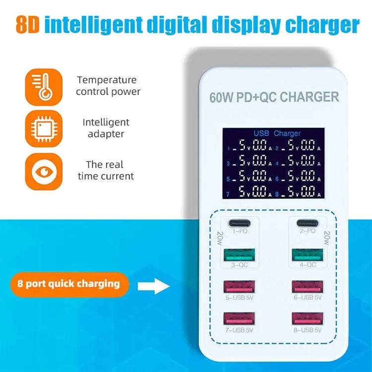 A8T 60W 8 Ports USB + QC3.0 + PD Type-C Smart Charging Station with Digital Display AC100-240V EU Plug - A8T EU Plug