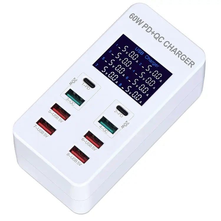 A8T 60W 8 Ports USB + QC3.0 + PD Type-C Smart Charging Station with Digital Display AC100-240V EU Plug - A8T EU Plug