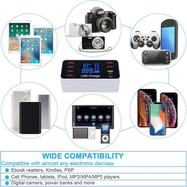 A9 Plus (Global Version) Multi-function AC 100V~240V 8 Ports USB Digital Display LCD Detachable Charging Station Smart
