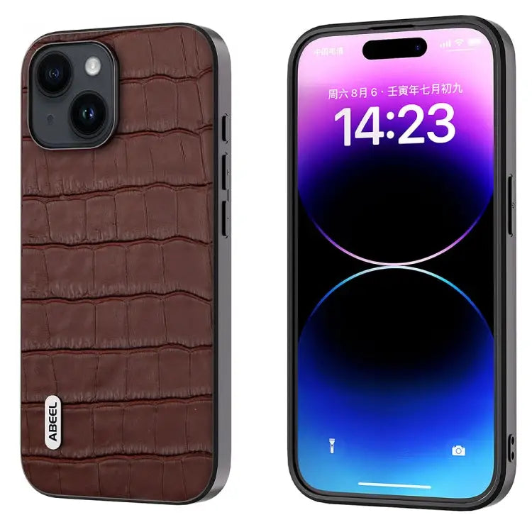 ABEEL Crocodile Texture Genuine Leather Phone Case - For iPhone 14 / Brown