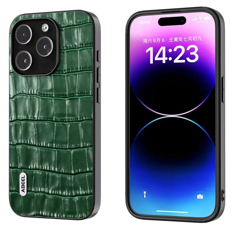 ABEEL Crocodile Texture Genuine Leather Phone Case - For iPhone 14 Pro / Green