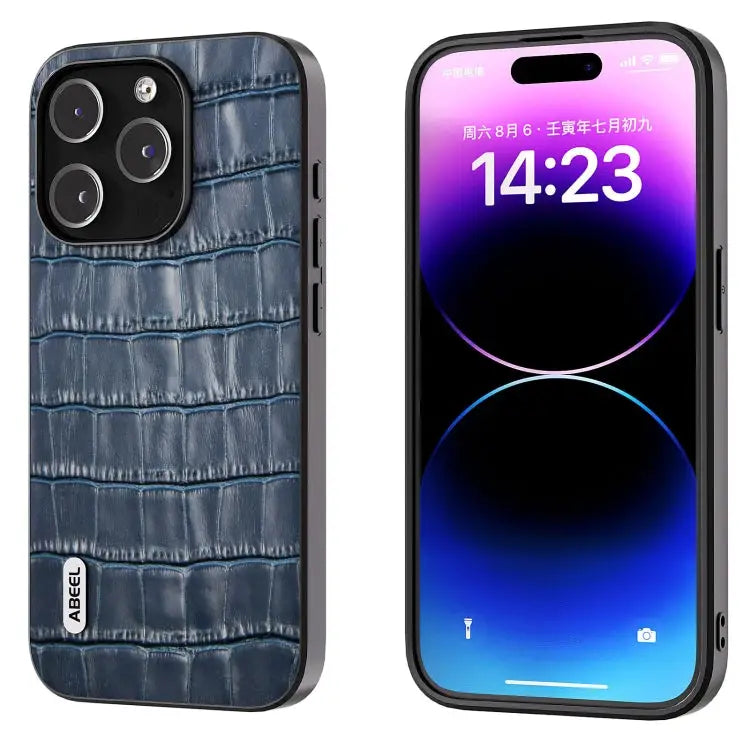 ABEEL Crocodile Texture Genuine Leather Phone Case - For iPhone 14 Pro Max / Blue