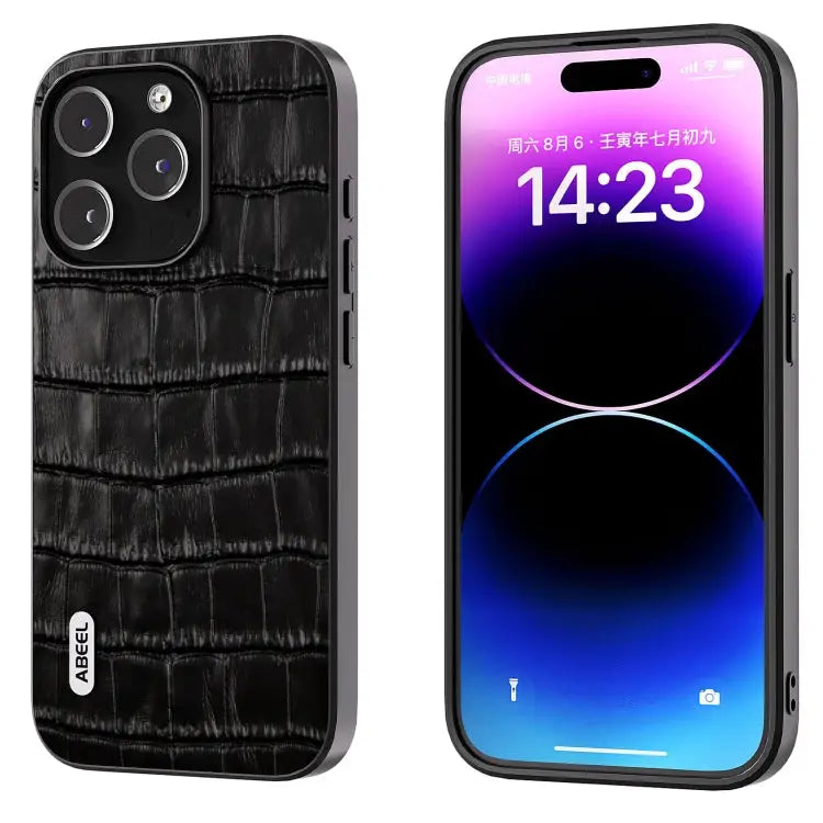 ABEEL Crocodile Texture Genuine Leather Phone Case - For iPhone 14 Pro Max / Black