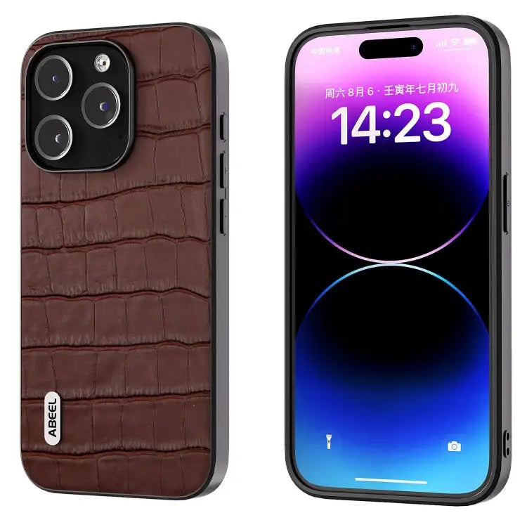 ABEEL Crocodile Texture Genuine Leather Phone Case - For iPhone 15 / Brown