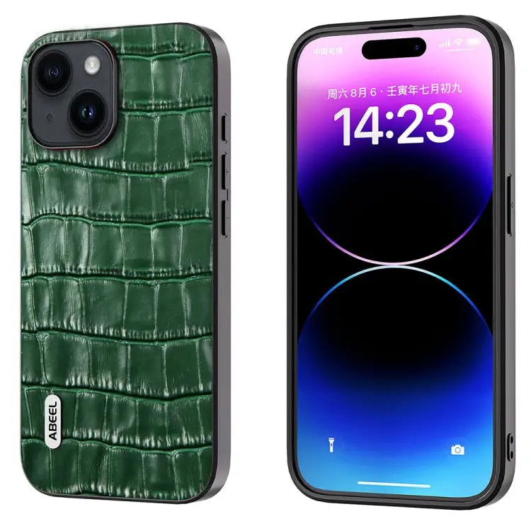 ABEEL Crocodile Texture Genuine Leather Phone Case - For iPhone 15 Plus / Green