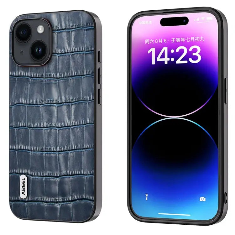 ABEEL Crocodile Texture Genuine Leather Phone Case - For iPhone 15 Plus / Blue