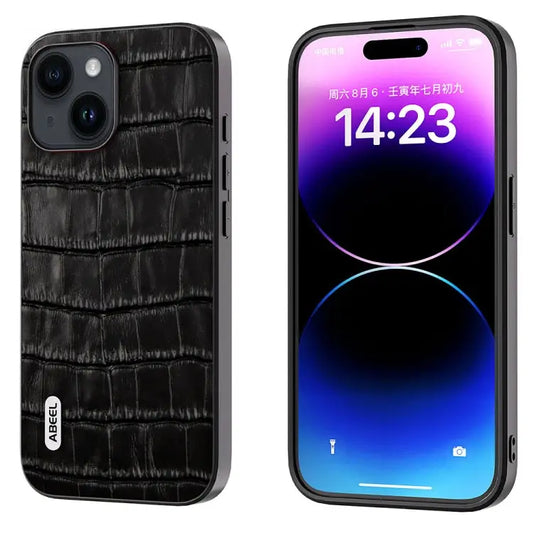 ABEEL Crocodile Texture Genuine Leather Phone Case - For iPhone 15 Plus / Black