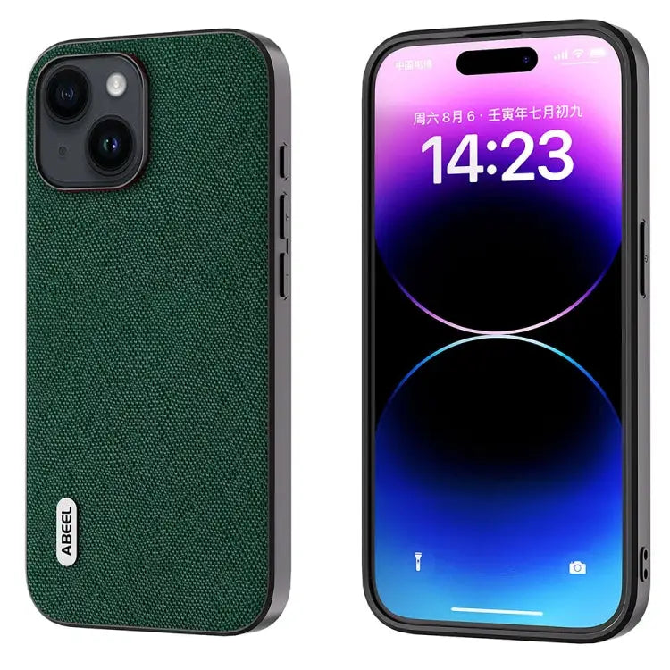 ABEEL Cross Texture Genuine Leather Phone Case - For iPhone 14 / Green
