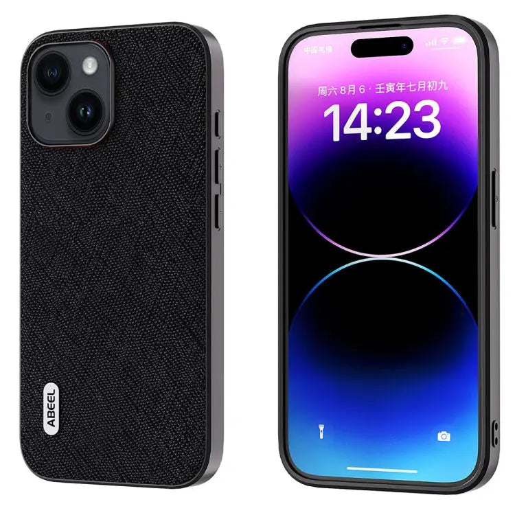 ABEEL Cross Texture Genuine Leather Phone Case - For iPhone 14 Plus / Black