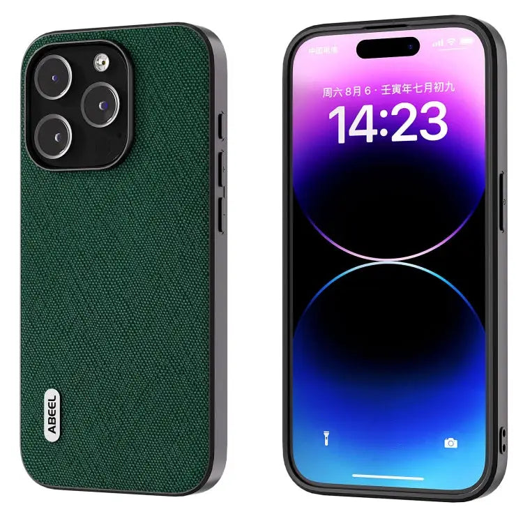 ABEEL Cross Texture Genuine Leather Phone Case - For iPhone 14 Pro / Green