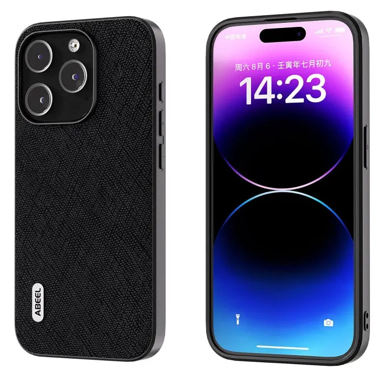 ABEEL Cross Texture Genuine Leather Phone Case - For iPhone 14 Pro / Black