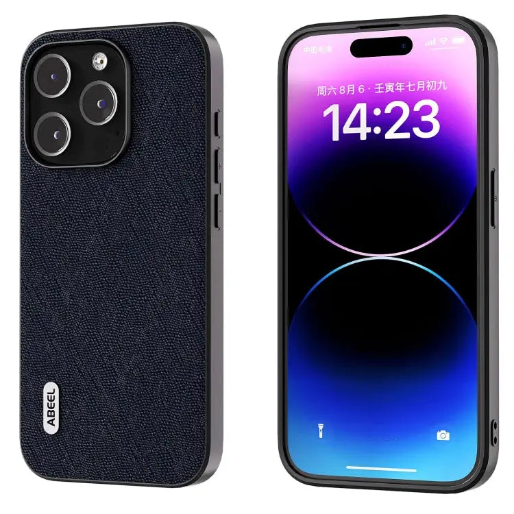 ABEEL Cross Texture Genuine Leather Phone Case - For iPhone 14 Pro Max / Blue