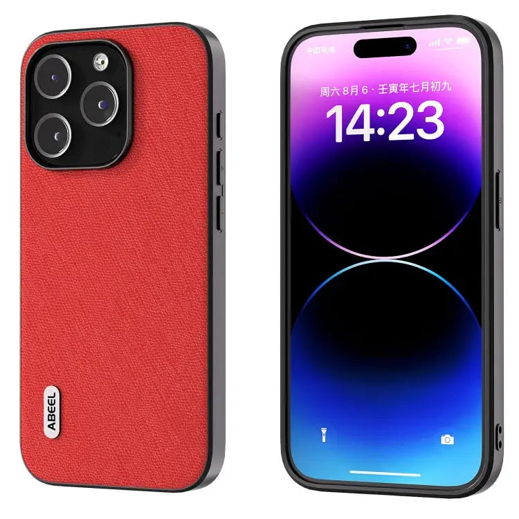 ABEEL Cross Texture Genuine Leather Phone Case - For iPhone 14 Pro Max / Red