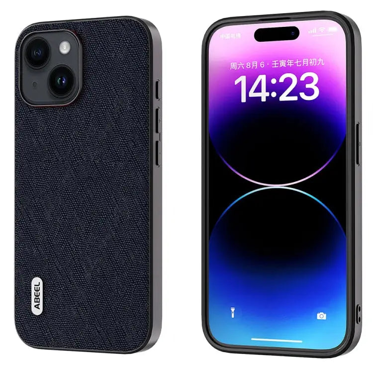 ABEEL Cross Texture Genuine Leather Phone Case - For iPhone 15 Plus / Blue