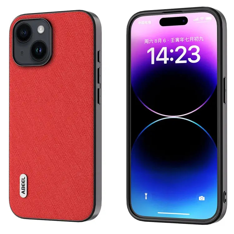 ABEEL Cross Texture Genuine Leather Phone Case - For iPhone 15 Plus / Red
