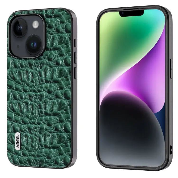 ABEEL Genuine Leather Canopy Black Edge Phone Case - For iPhone 15 / Green
