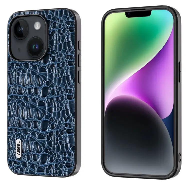 ABEEL Genuine Leather Canopy Black Edge Phone Case - For iPhone 15 / Blue