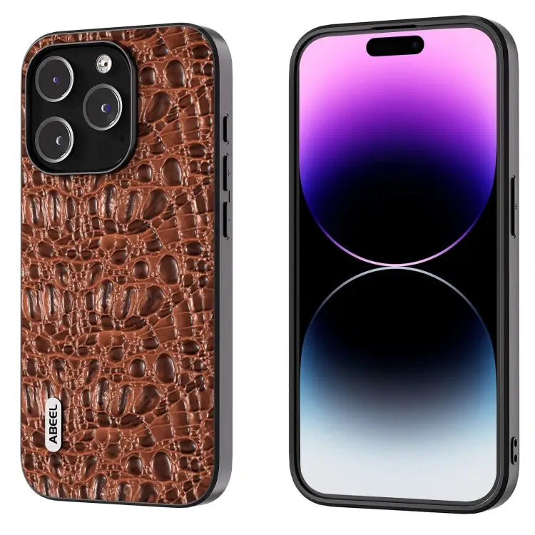 ABEEL Genuine Leather Canopy Black Edge Phone Case - For iPhone 15 Pro Max / Brown