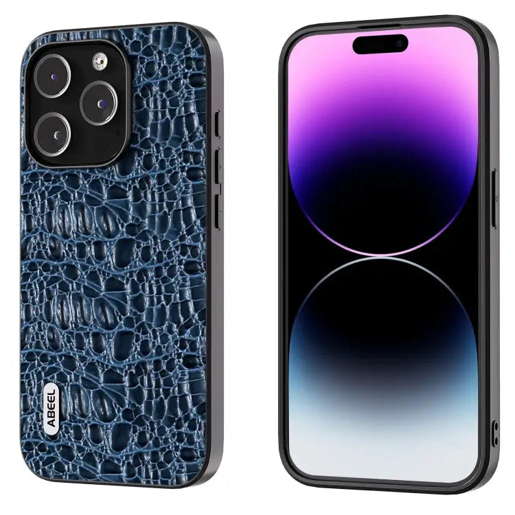 ABEEL Genuine Leather Canopy Black Edge Phone Case - For iPhone 15 Pro Max / Blue