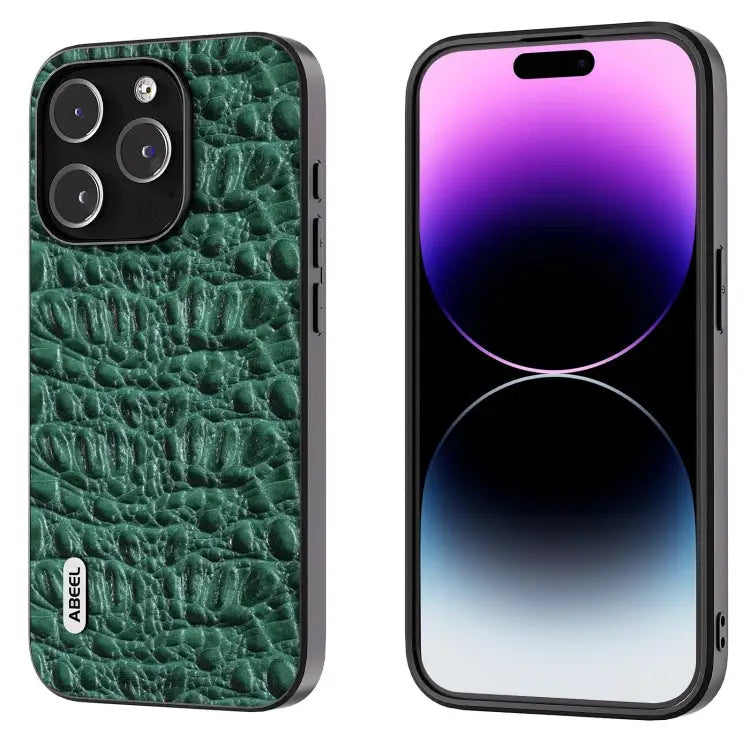 ABEEL Genuine Leather Canopy Black Edge Phone Case - For iPhone 15 Pro / Green