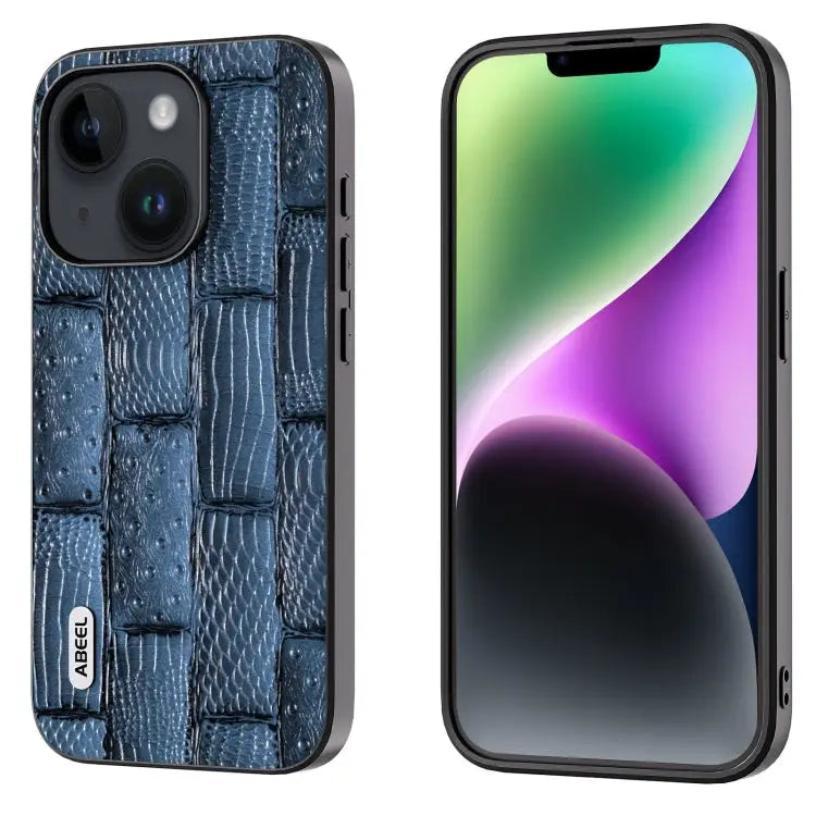 ABEEL Genuine Leather Mahjong Pattern Black Edge Phone Case - For iPhone 15 Plus / Blue