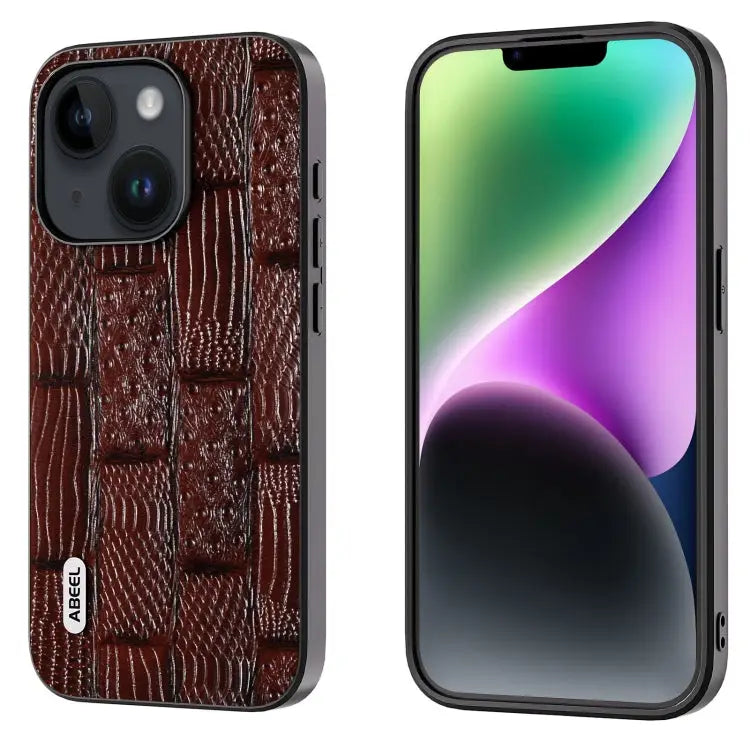 ABEEL Genuine Leather Mahjong Pattern Black Edge Phone Case - For iPhone 15 / Brown