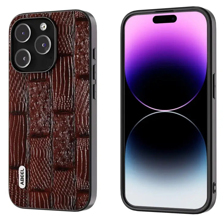 ABEEL Genuine Leather Mahjong Pattern Black Edge Phone Case - For iPhone 15 Pro / Brown