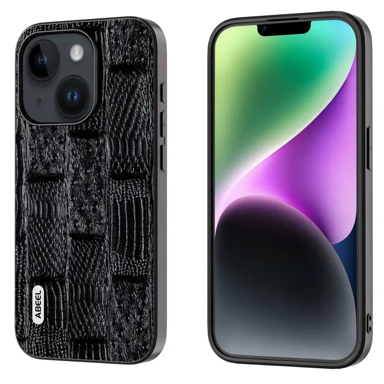 ABEEL Genuine Leather Mahjong Pattern Black Edge Phone Case - For iPhone 15 / Black