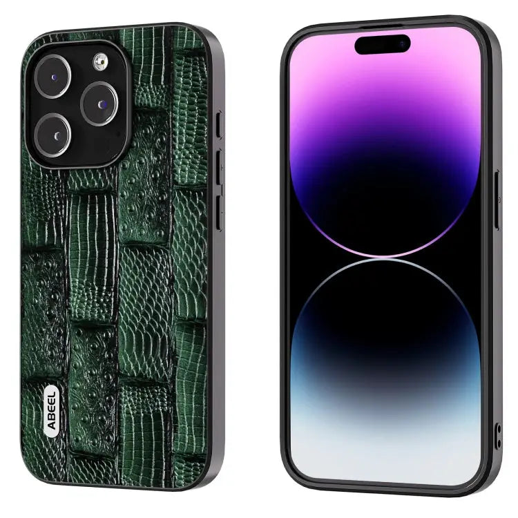 ABEEL Genuine Leather Mahjong Pattern Black Edge Phone Case - For iPhone 15 Pro / Green