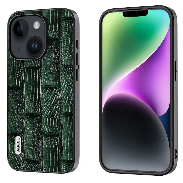 ABEEL Genuine Leather Mahjong Pattern Black Edge Phone Case - For iPhone 15 / Green