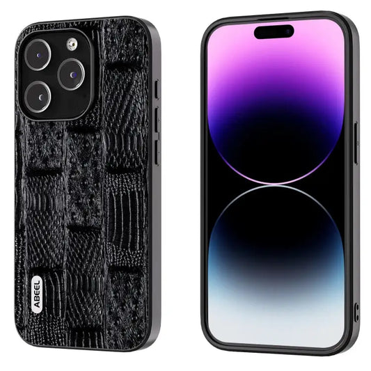 ABEEL Genuine Leather Mahjong Pattern Black Edge Phone Case - For iPhone 15 Pro Max / Black