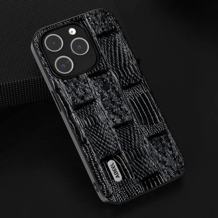 ABEEL Genuine Leather Mahjong Pattern Black Edge Phone Case