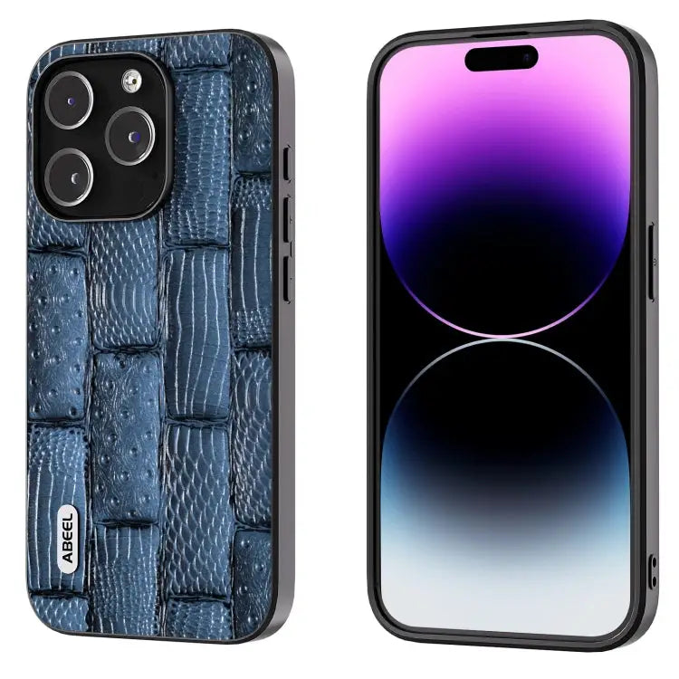 ABEEL Genuine Leather Mahjong Pattern Black Edge Phone Case - For iPhone 15 Pro / Blue